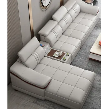Модерен, изработен по поръчка на луксозен диван в европейски стил, малък размер, дебел кожен диван - легло, Диван - комплект Секционни диван Умен дом Умен диван