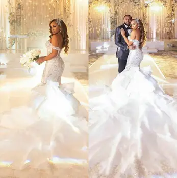 Сватбени рокли големи Размери, с отворени Рамене, Дантелени на няколко Нива, Поли, Сшитое Поръчкови Сватбена рокля в Африканския стил, Сватбени Рокли С Влак, Халати Изображение 0